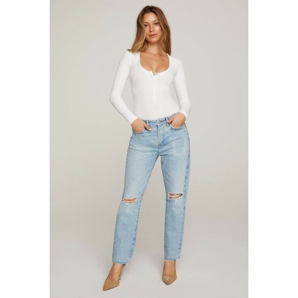 Good American Good Girlfriend Denim Jean 2 26 Distressed Light Blue Wash Raw Hem - Picture 4 of 5